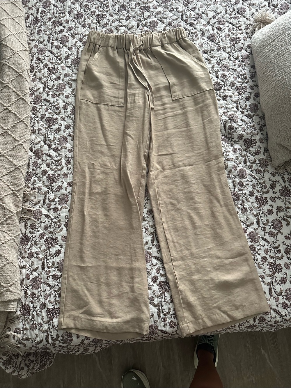 LOFT Beige Wide-Leg Drawstring Pants